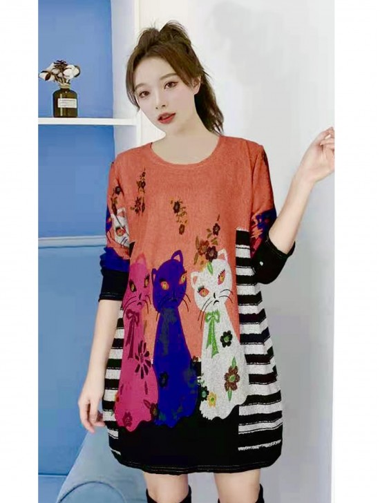 Stripes and Cats Printed Jersey Knit Fashion Top 